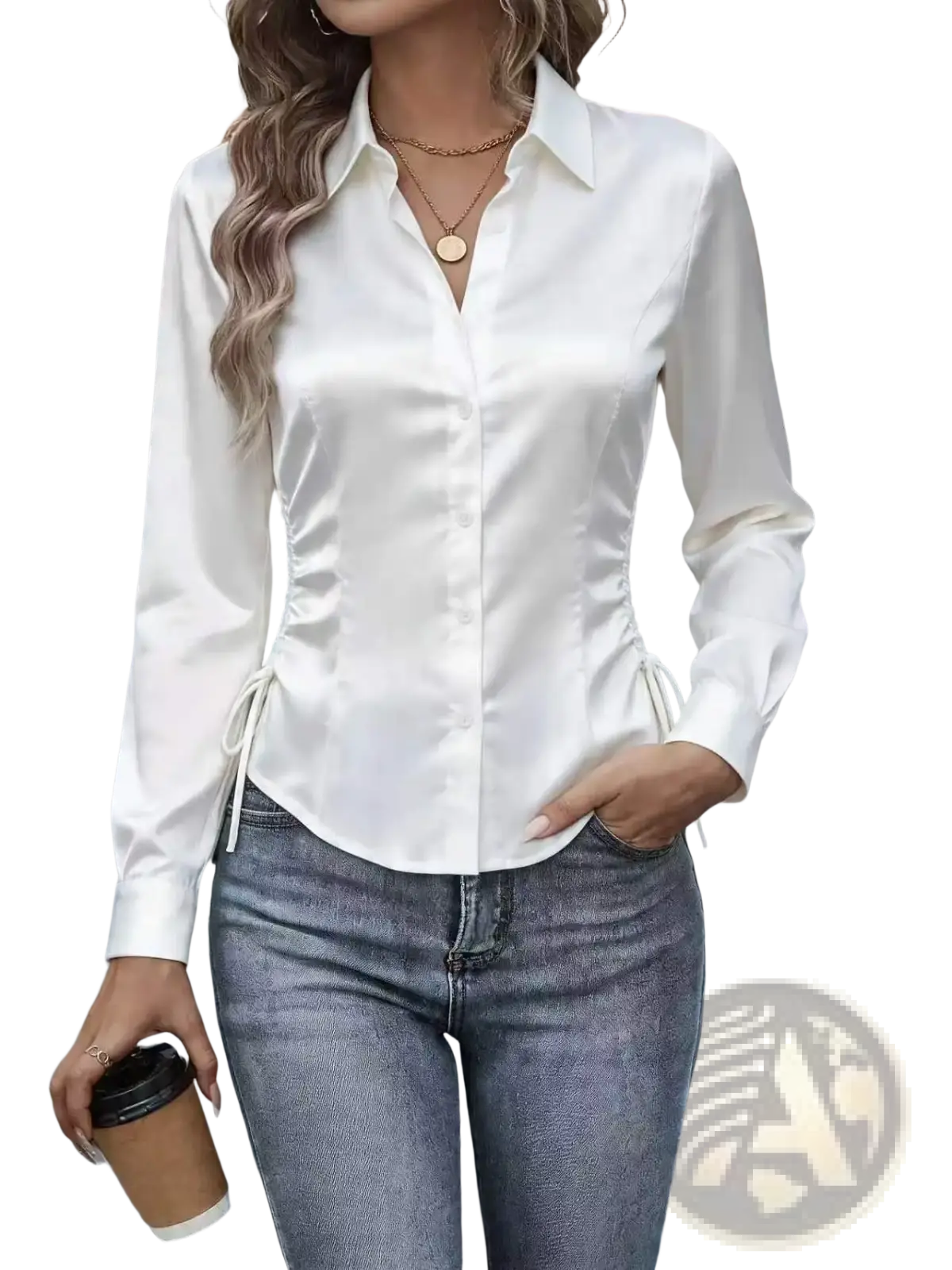 White satin slim fit long sleeve blouse with button down and side tie details for office wear