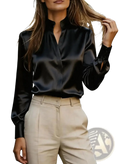 Black satin long sleeve office blouse with high collar made of smooth satin fabric for professional wear