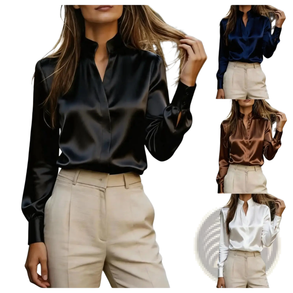 Black satin long sleeve office blouse with high collar and buttoned cuffs for professional wear
