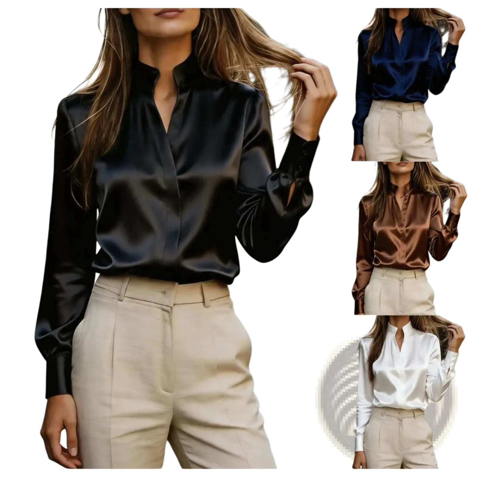Black satin long sleeve office blouse with high collar and buttoned cuffs for professional wear