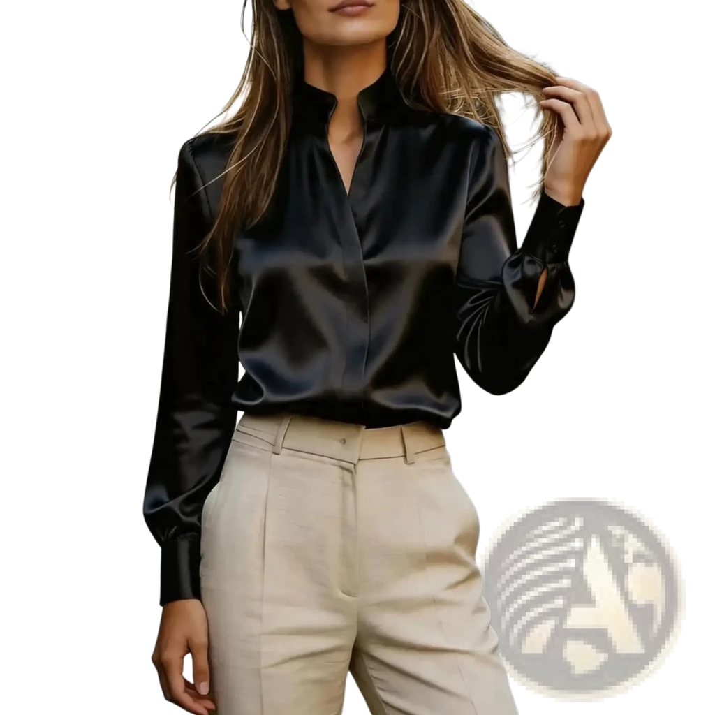 Black satin long sleeve office blouse with high collar designed for professional and elegant wear