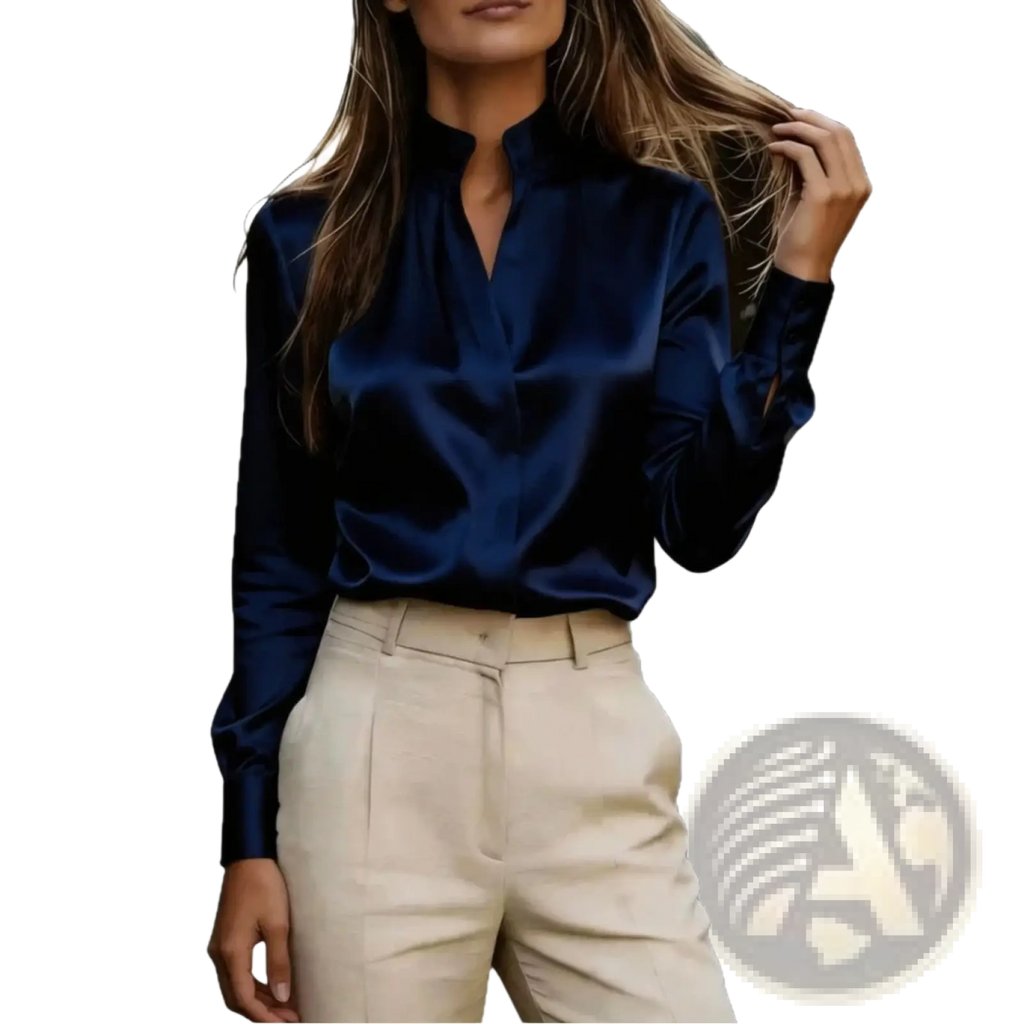 A sleek navy blue satin long sleeve office blouse with a high collar and elegant fit
