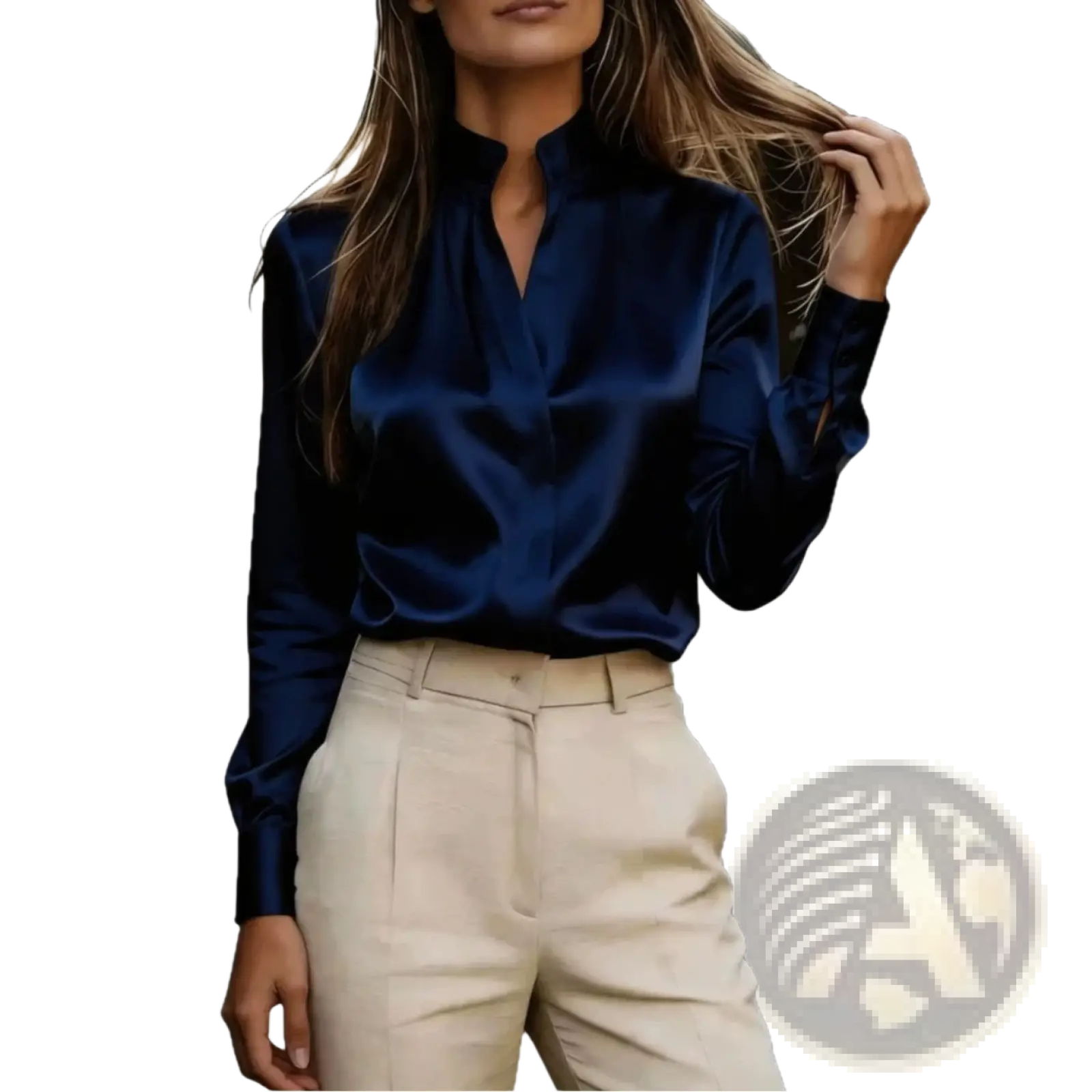 A sleek navy blue satin long sleeve office blouse with a high collar and elegant fit