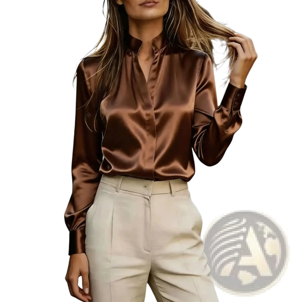 A sleek brown satin long sleeve office blouse with high collar and buttoned cuffs