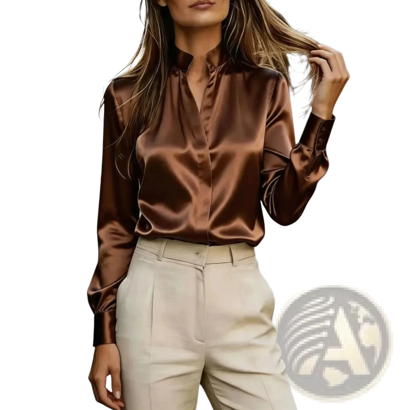 A sleek brown satin long sleeve office blouse with high collar and buttoned cuffs