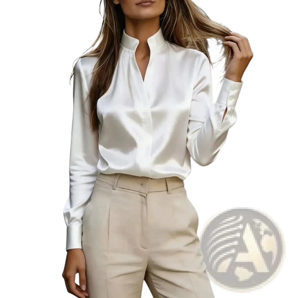 A sleek white satin long sleeve office blouse with a high collar perfect for professional attire