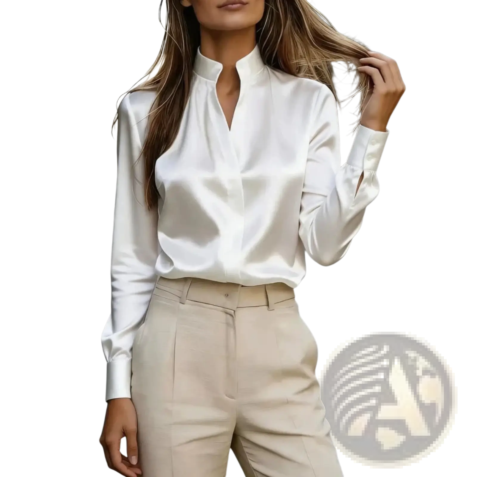 A sleek white satin long sleeve office blouse with a high collar perfect for professional attire