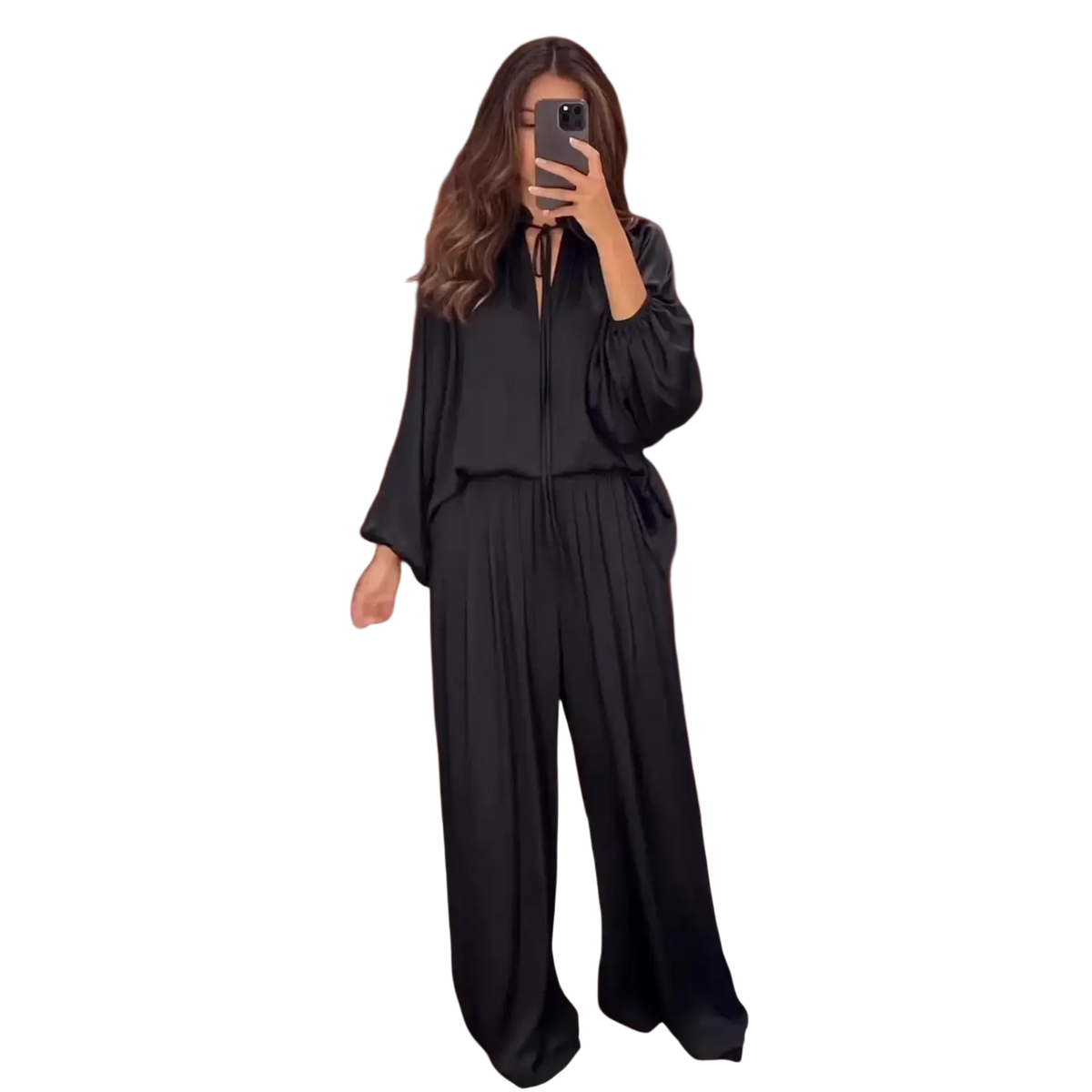 Black satin jumpsuit with long sleeves and tie front neckline ideal for spring summer matching set looks