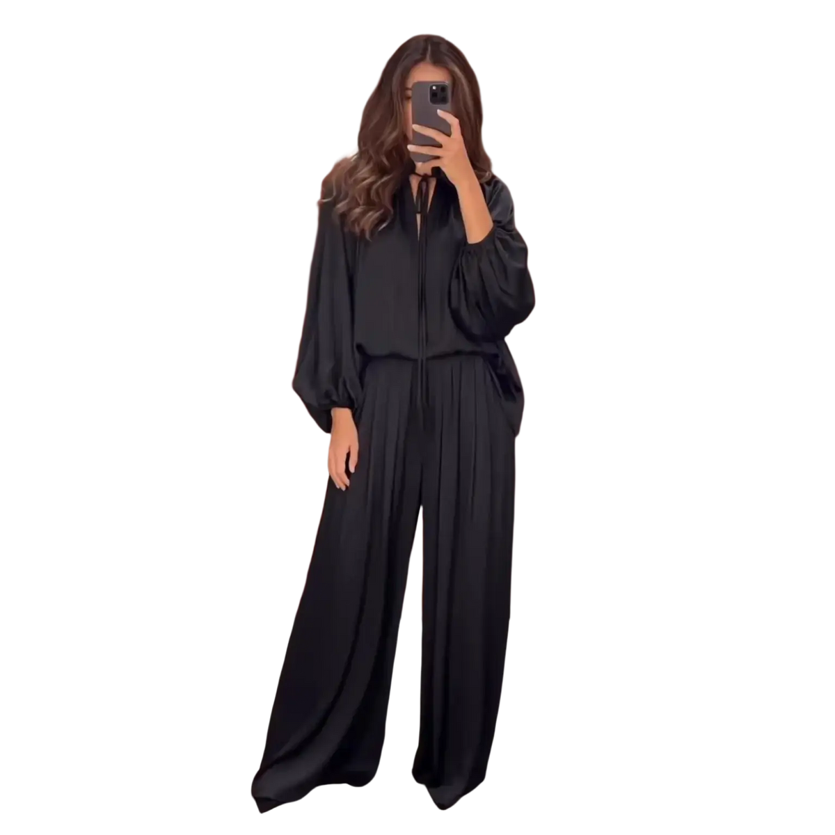 Black satin jumpsuit with long sleeves and pleated wide-leg pants ideal for spring summer matching set