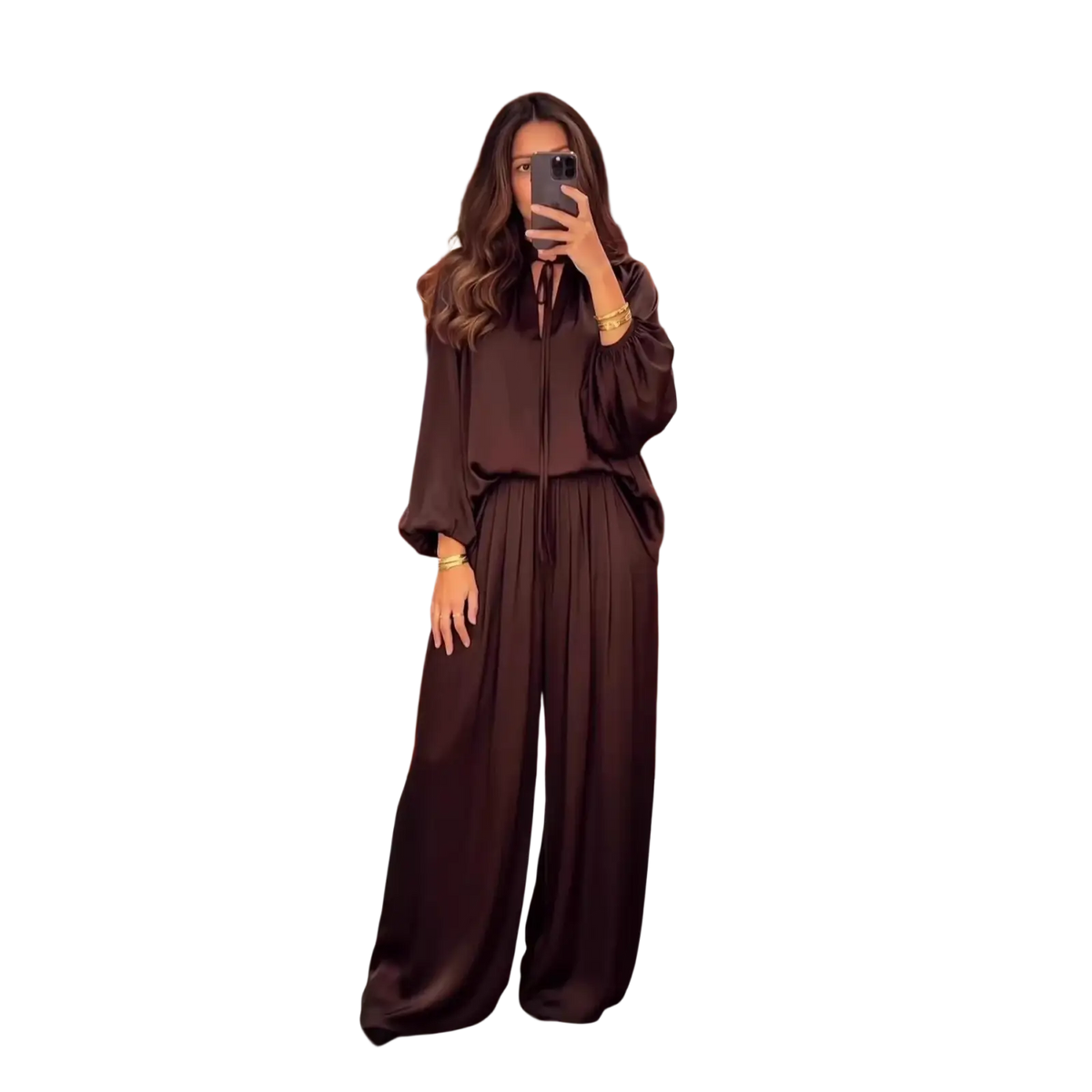A flowing dark brown satin jumpsuit with high neckline and wide-leg pants perfect for spring summer wear