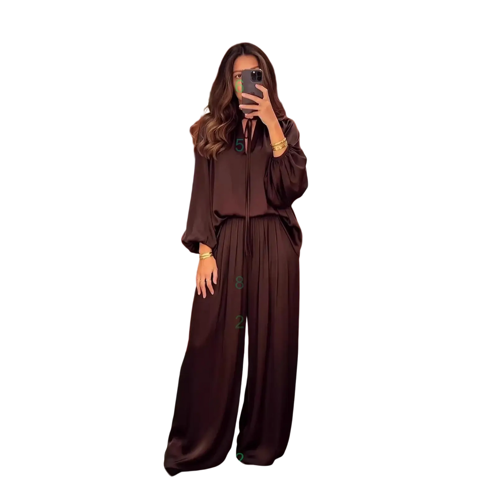A flowing dark brown satin jumpsuit with long sleeves and a high neckline for spring summer wear