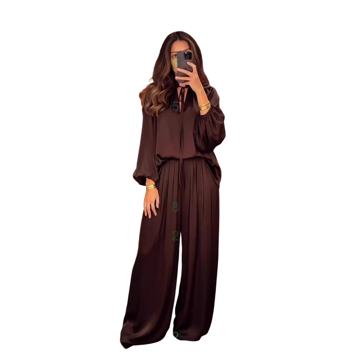 A flowing dark brown satin jumpsuit with long sleeves and a high neckline for spring summer wear