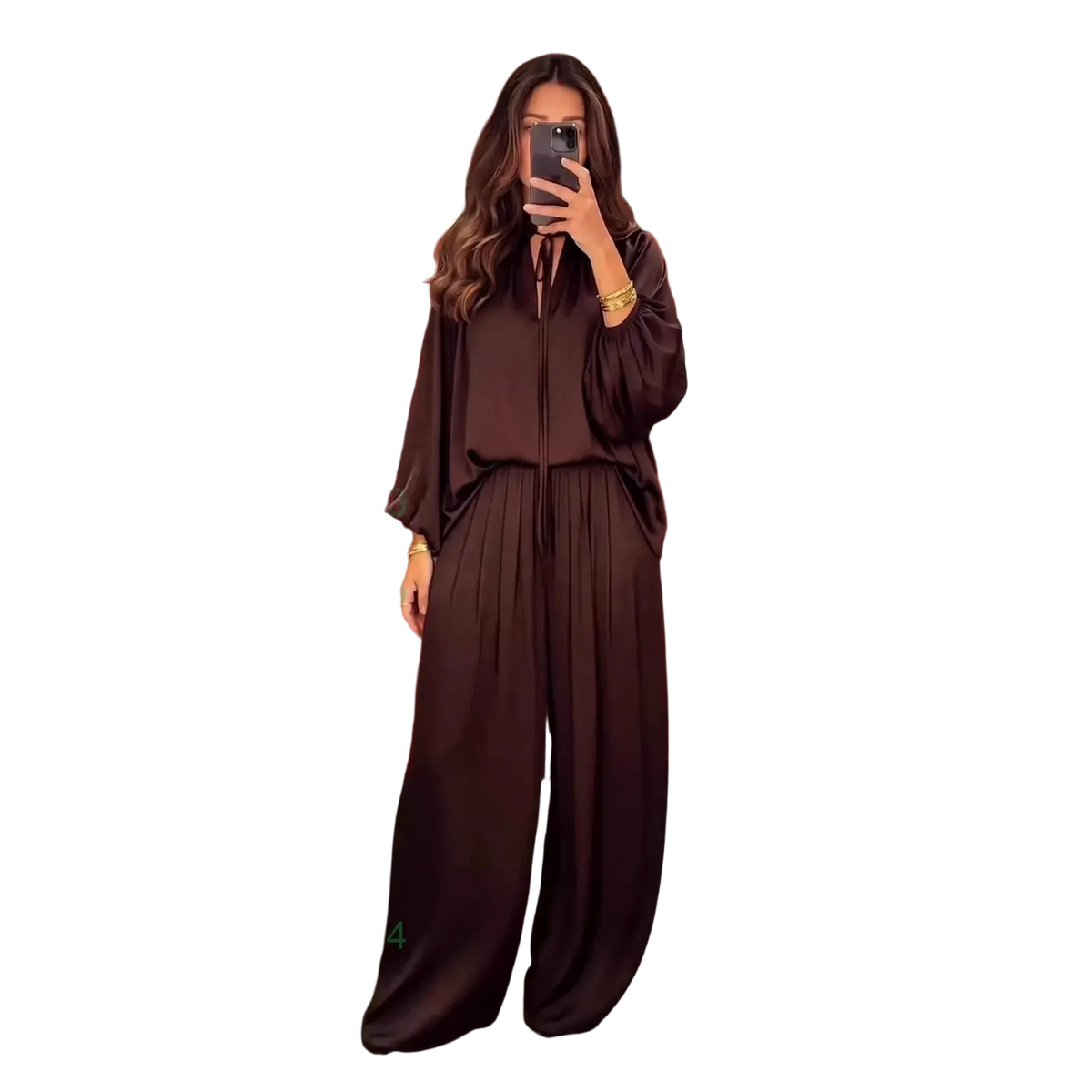 A sleek dark brown satin jumpsuit with high neckline and voluminous sleeves for spring summer wear