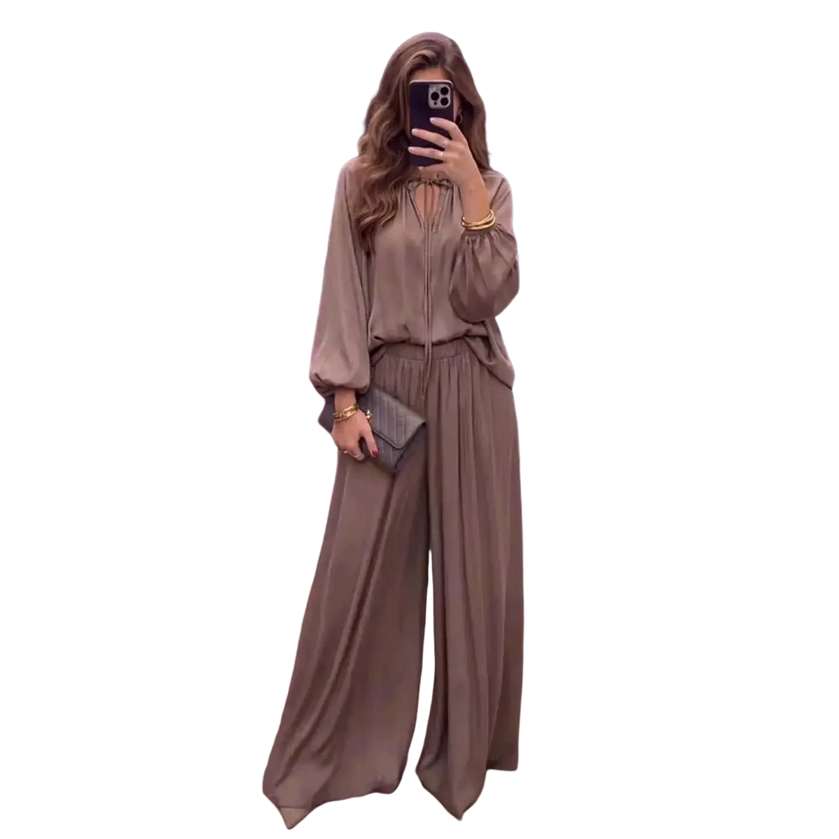 A taupe satin blouse with keyhole neckline and long sleeves for spring summer matching set