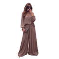 A taupe satin two-piece spring summer set with a loose blouse featuring tie-neck and wide-leg pants