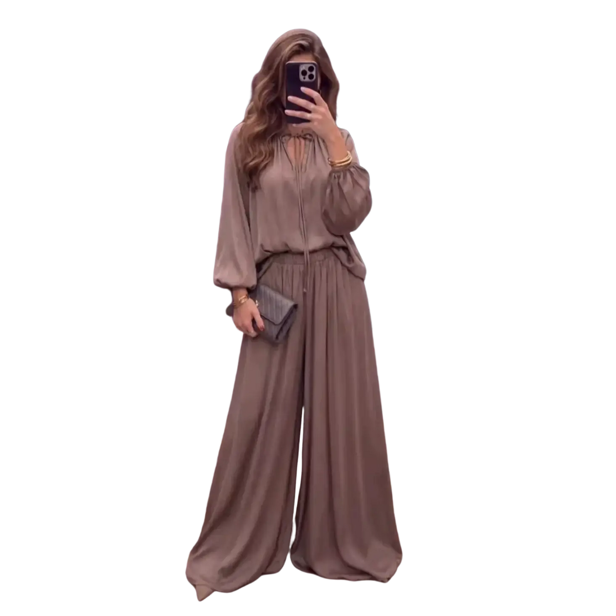 A taupe satin two-piece spring summer set with a loose blouse featuring tie-neck and wide-leg pants