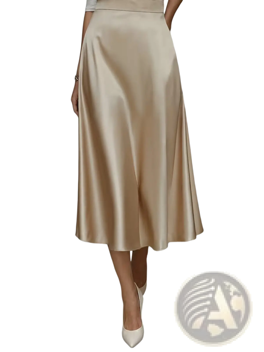 A flowing satin midi skirt in soft beige with a glossy finish and high waistline for elegant commuter apparel