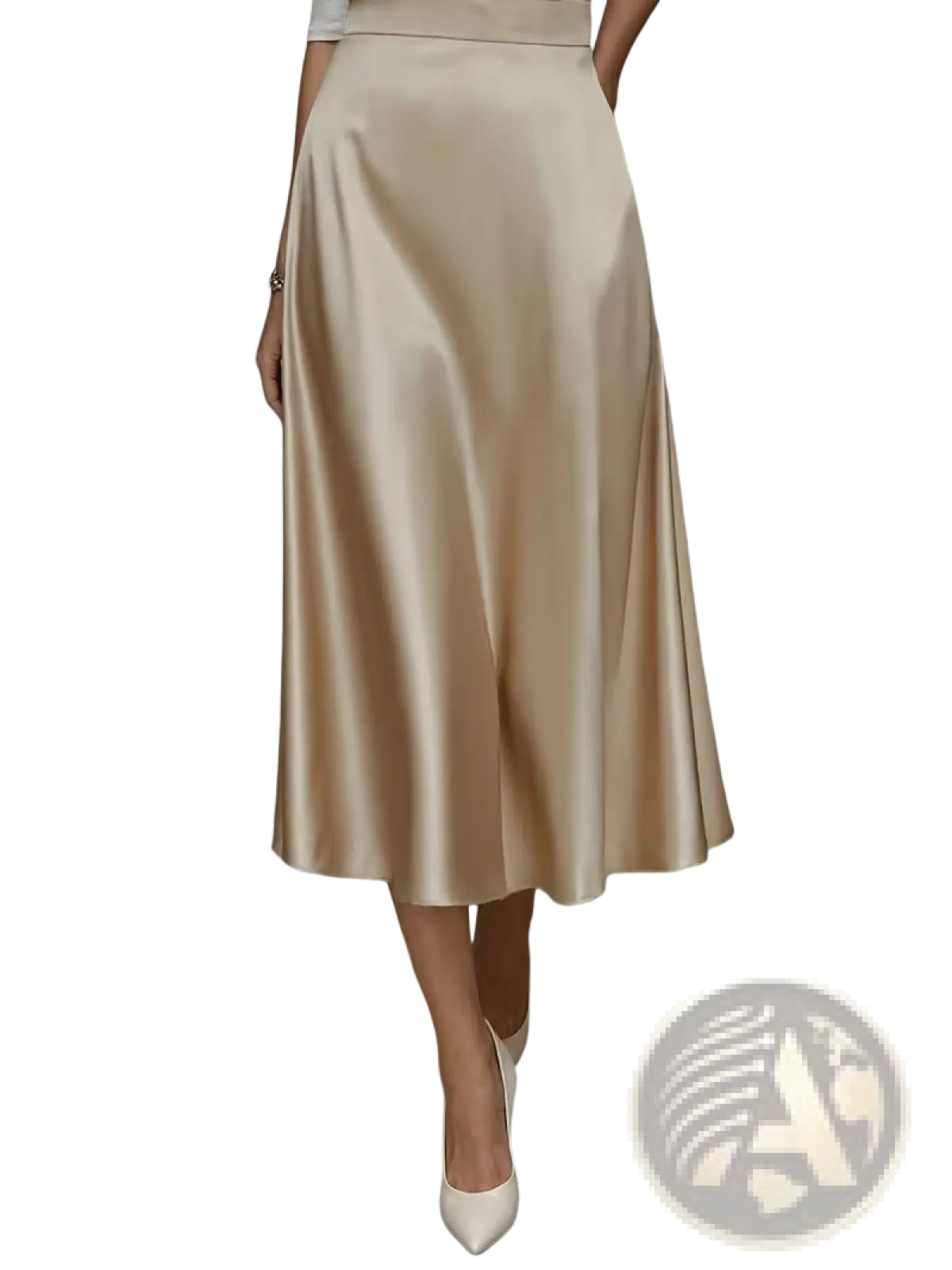 A flowing satin midi skirt in soft beige with a glossy finish and high waistline for elegant commuter apparel