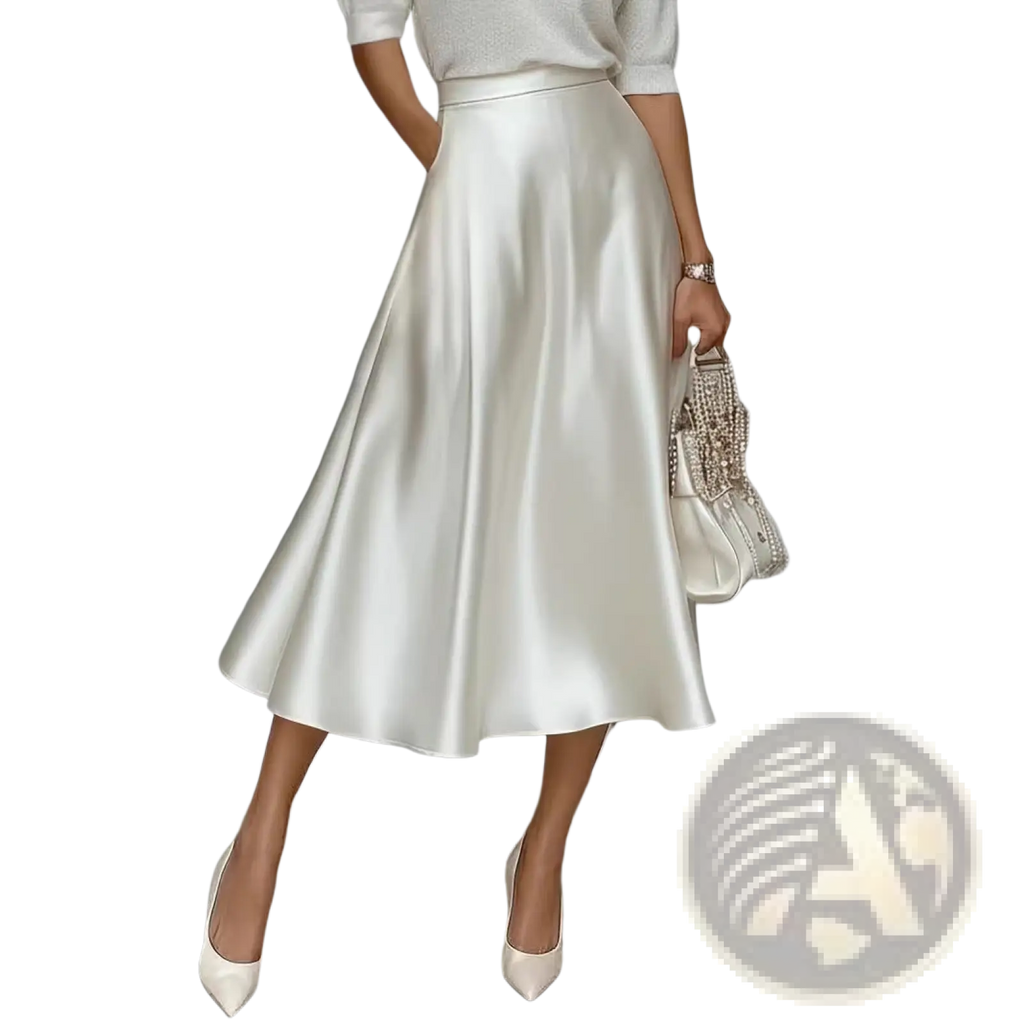 A flowing white satin midi skirt with a smooth glossy finish and high waistline for elegant commuter apparel