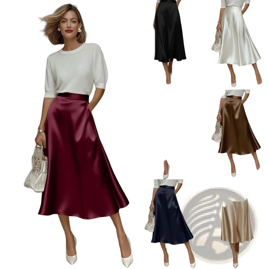 A flowing burgundy satin midi skirt with high waist and subtle side slit ideal for commuter apparel
