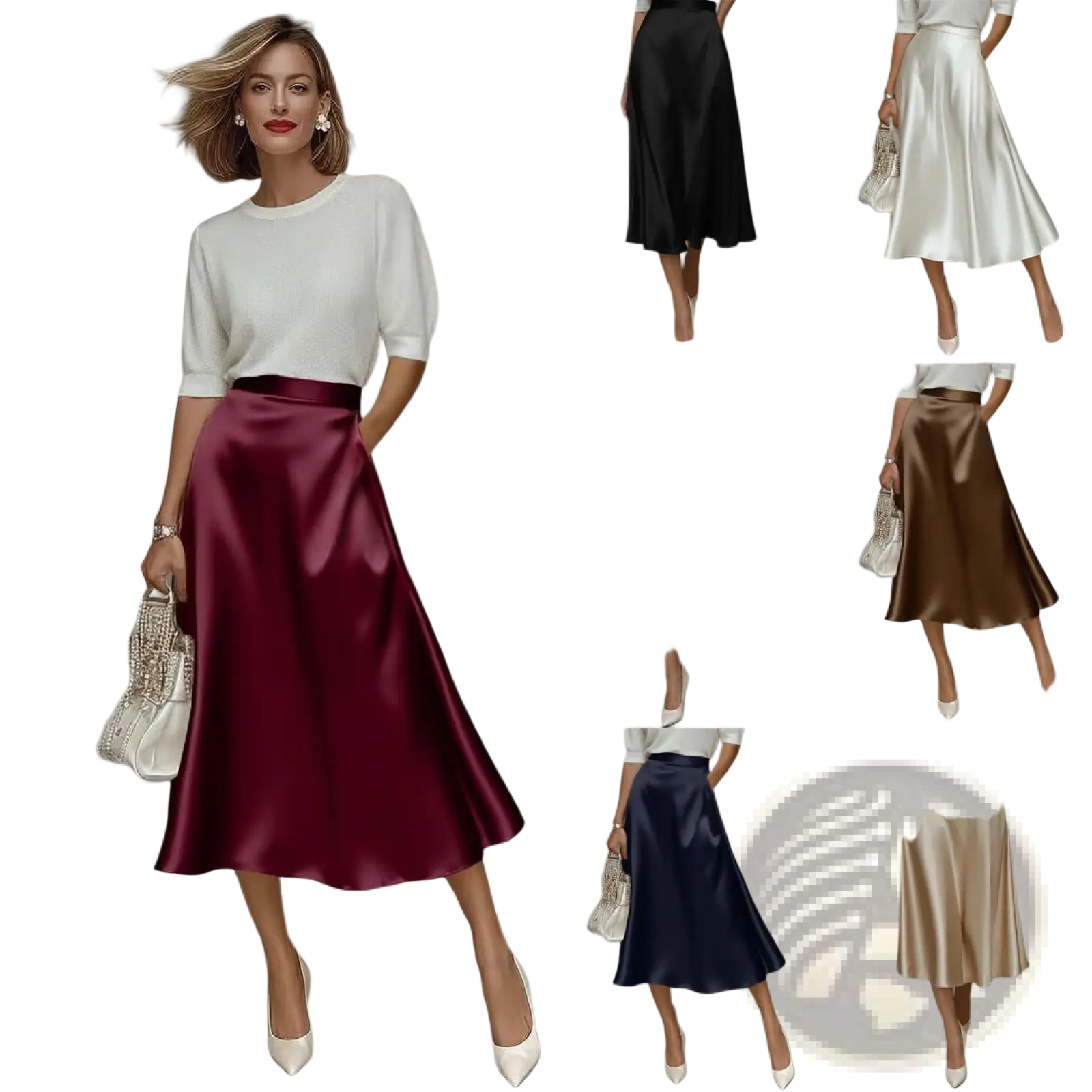 A flowing burgundy satin midi skirt with high waist and subtle side slit ideal for commuter apparel