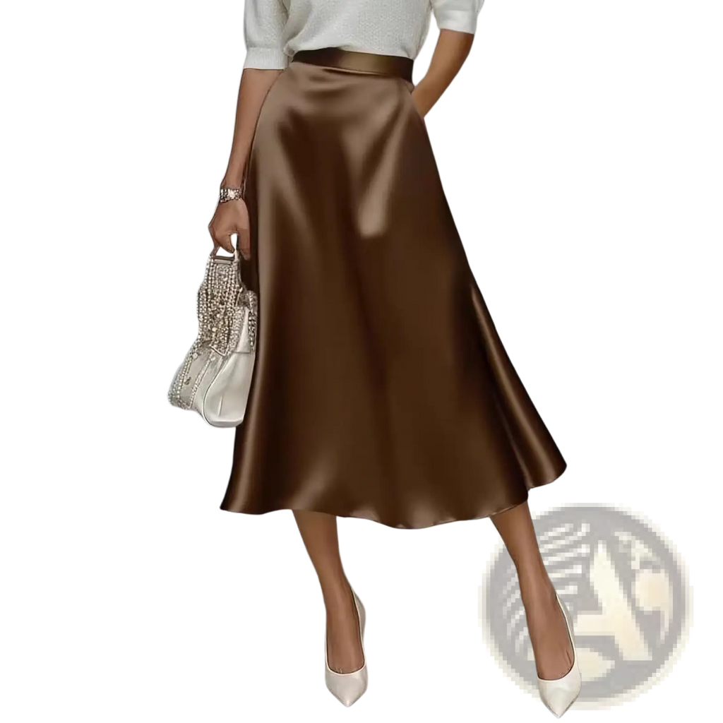 A sleek satin brown midi skirt with a matching belt designed for elegant high waist commuter apparel