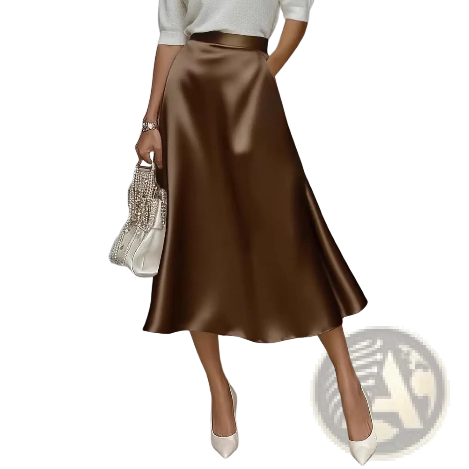 A sleek satin brown midi skirt with a matching belt designed for elegant high waist commuter apparel
