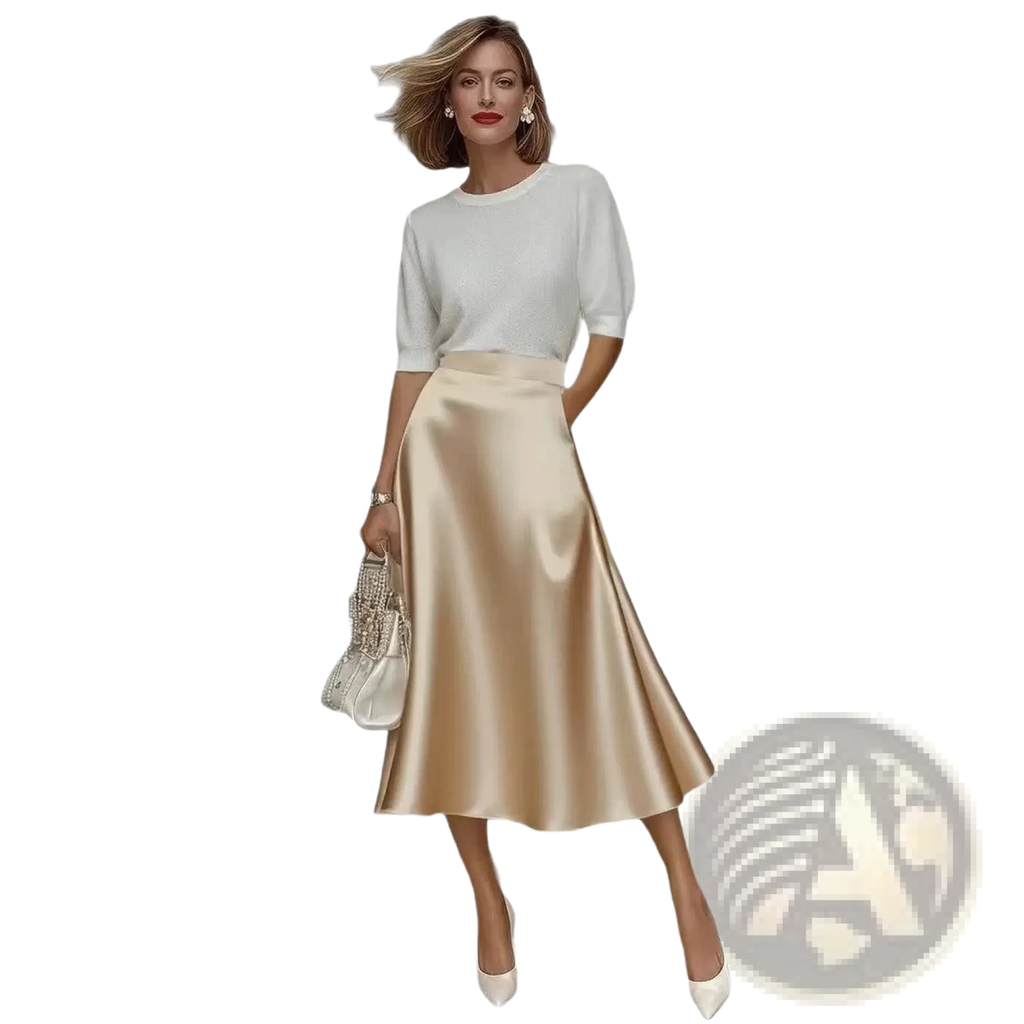 A flowing satin midi skirt in soft champagne hue with a smooth reflective finish elegant high waist commuter apparel