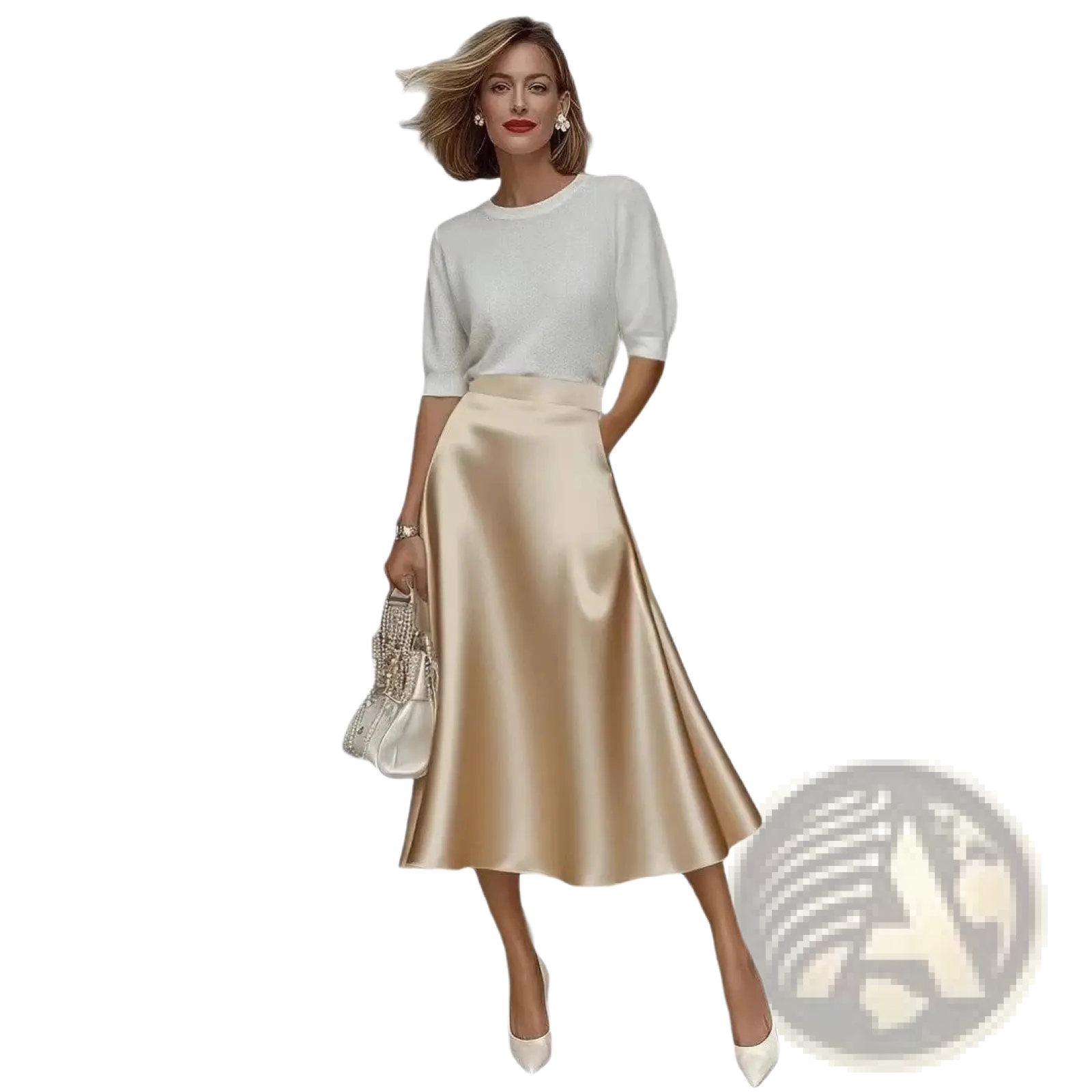 A flowing satin midi skirt in soft champagne hue with a smooth reflective finish elegant high waist commuter apparel
