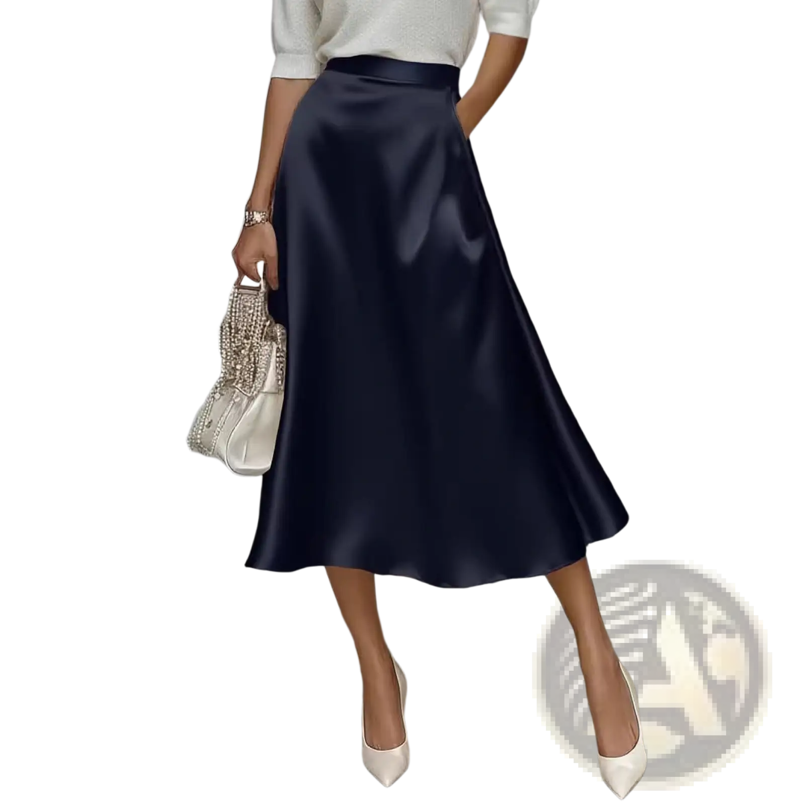 Navy satin midi skirt with elegant high waist designed for commuter apparel and formal occasions