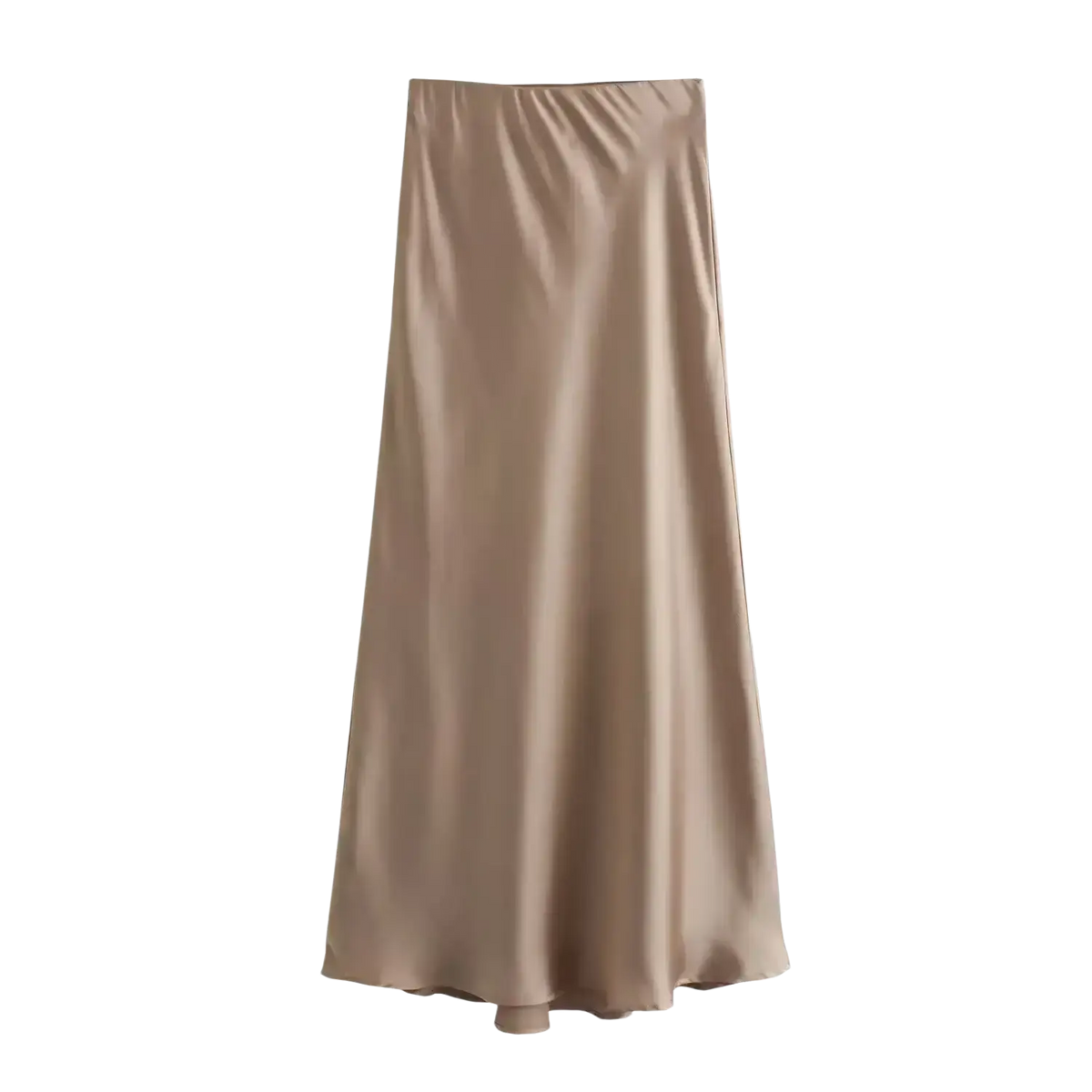 A flowing beige satin midi skirt with high waist glossy finish and subtle vertical pleats for elegant wear