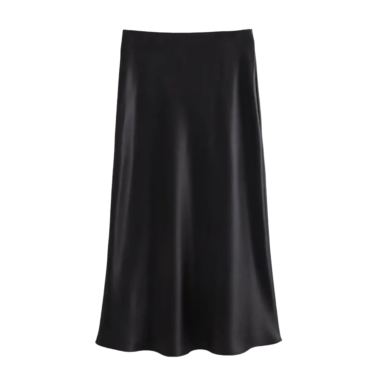 Black satin midi skirt with a smooth flowing silhouette and subtle sheen high waist elegant long satin midi skirt