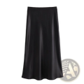 Black satin midi skirt with a smooth glossy finish and straight-cut silhouette for elegant high waist wear