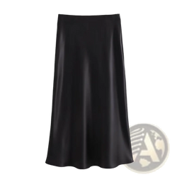 Black satin midi skirt with a smooth glossy finish and straight-cut silhouette for elegant high waist wear