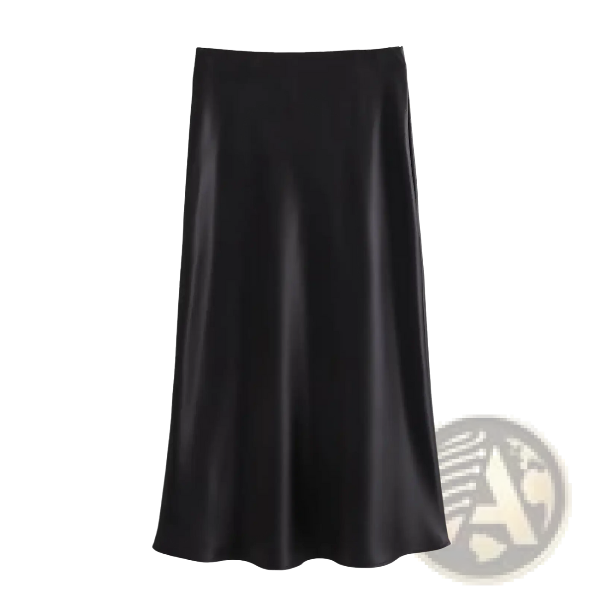 Black satin midi skirt with a smooth glossy finish and straight-cut silhouette for elegant high waist wear