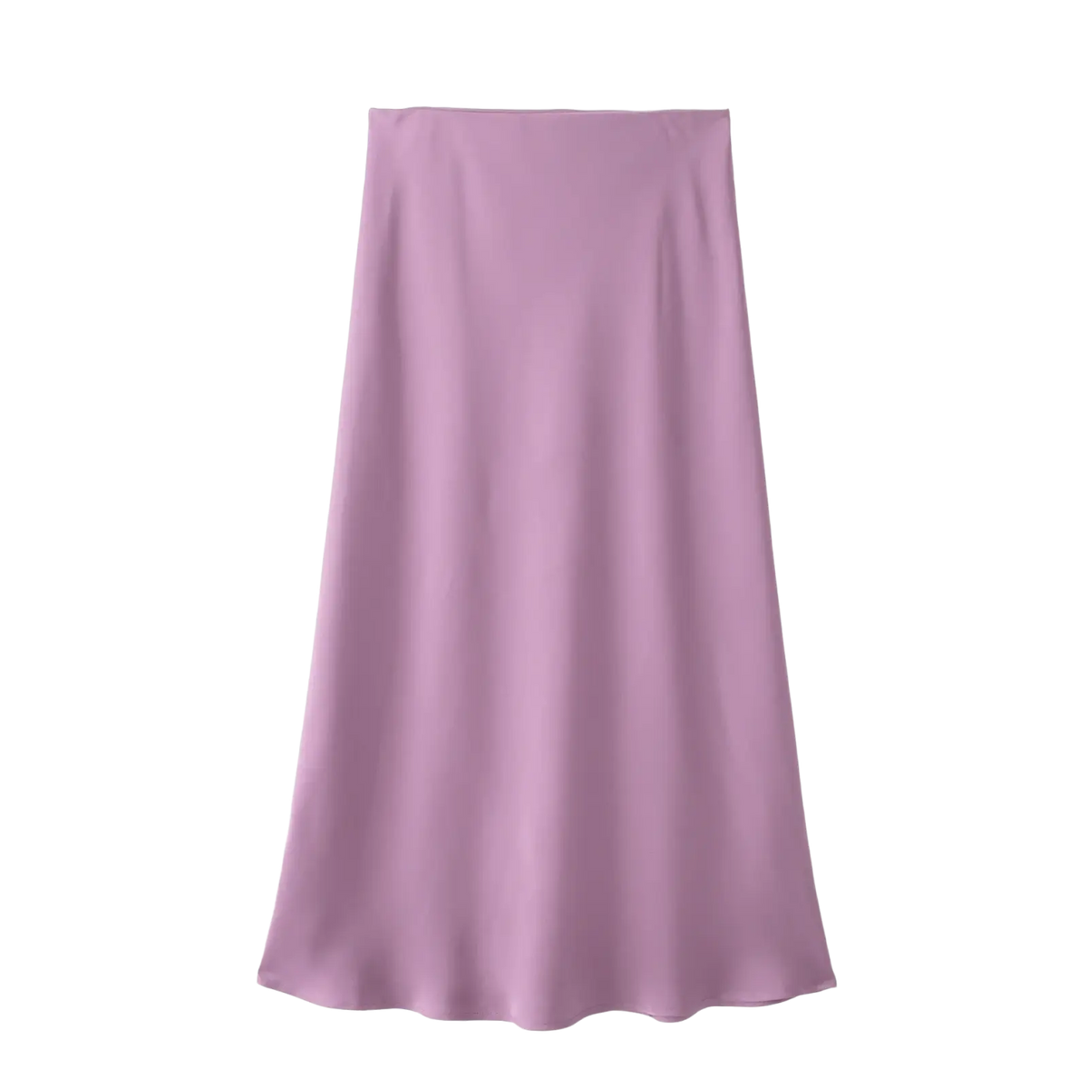 A flowing lavender satin midi skirt with high waist and elegant smooth drape perfect for formal occasions
