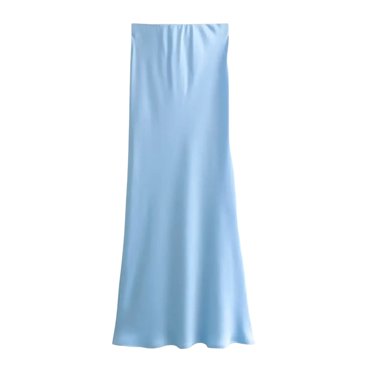 Light blue satin midi skirt with high waist smooth glossy finish and subtle vertical pleats along the waistband