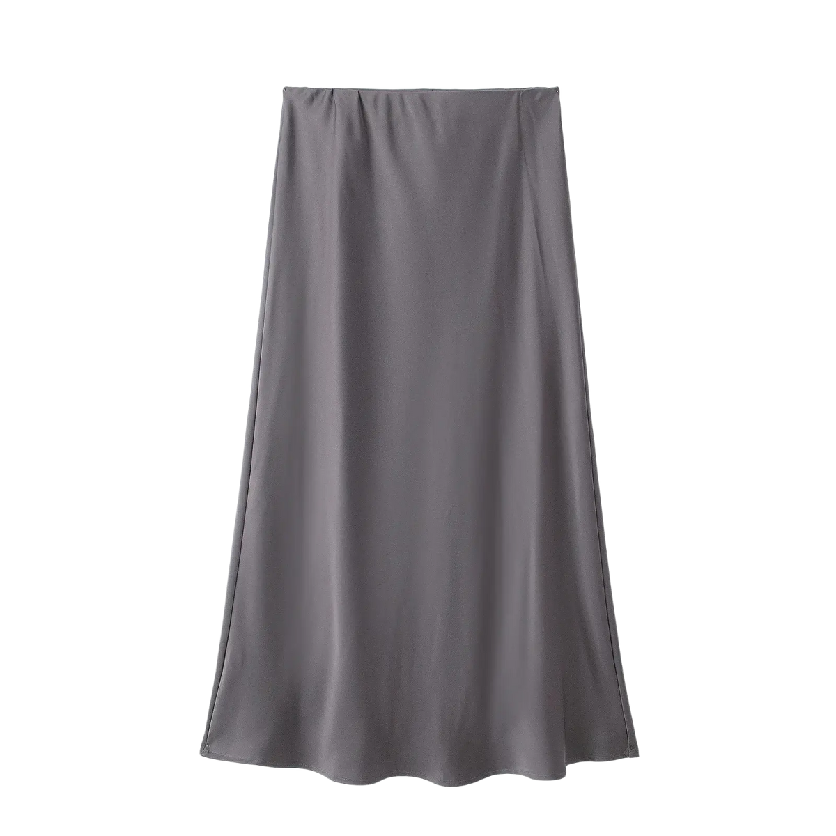 A sleek dark gray satin midi skirt with high waist subtle vertical pleats and a smooth flowing drape