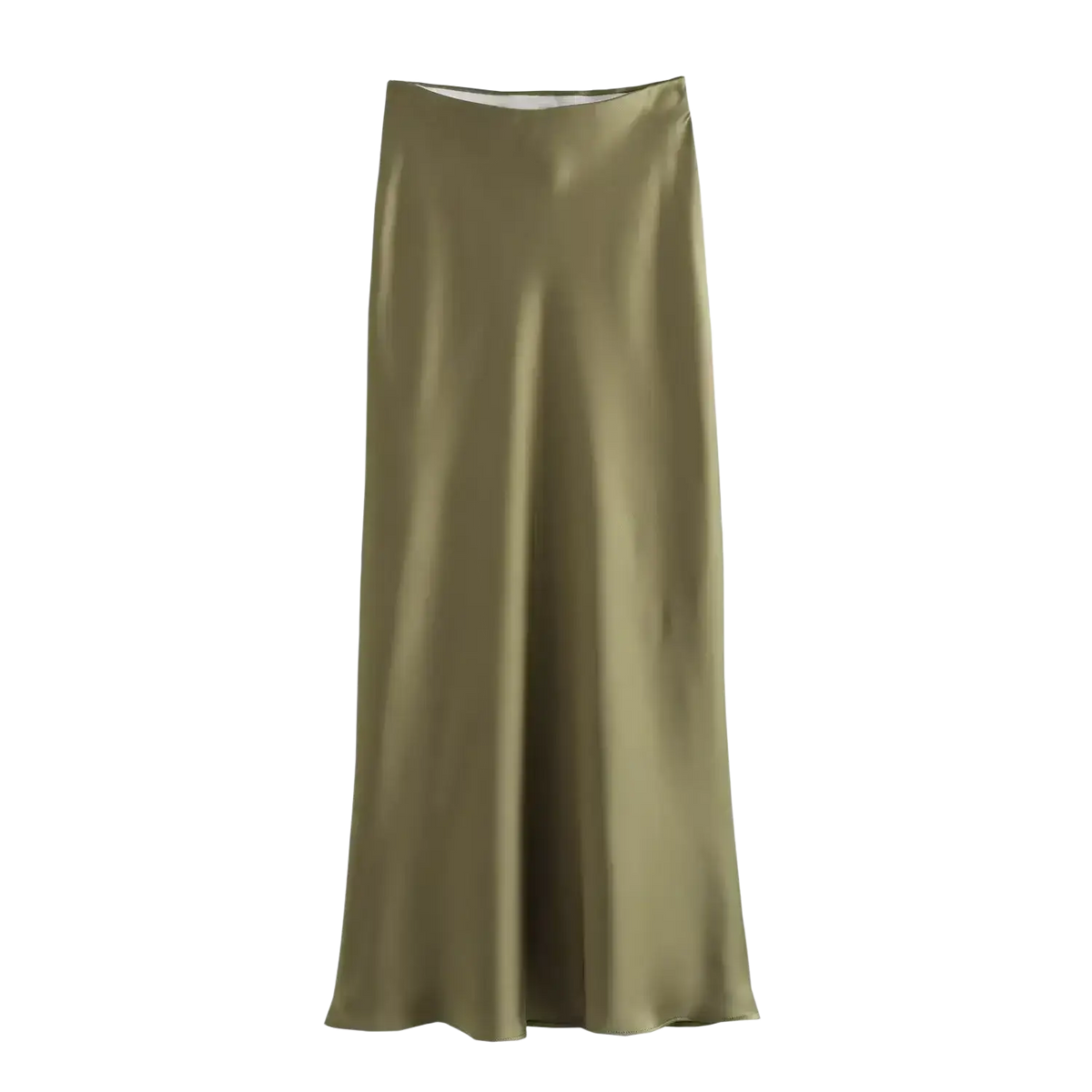 A sleek olive green satin midi skirt with a high waist and smooth flowing silhouette for elegant wear