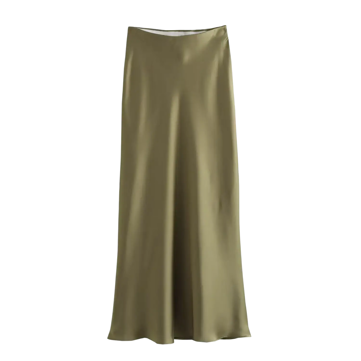 A sleek olive green satin midi skirt with a high waist and elegant flowing straight-cut silhouette