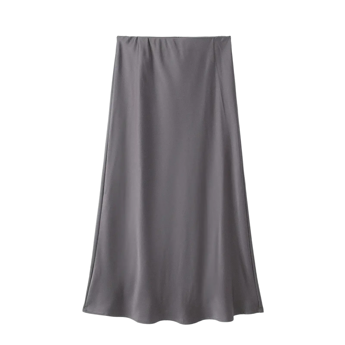 A sleek gray satin midi skirt with a high waist and smooth satin finish for elegant long wear