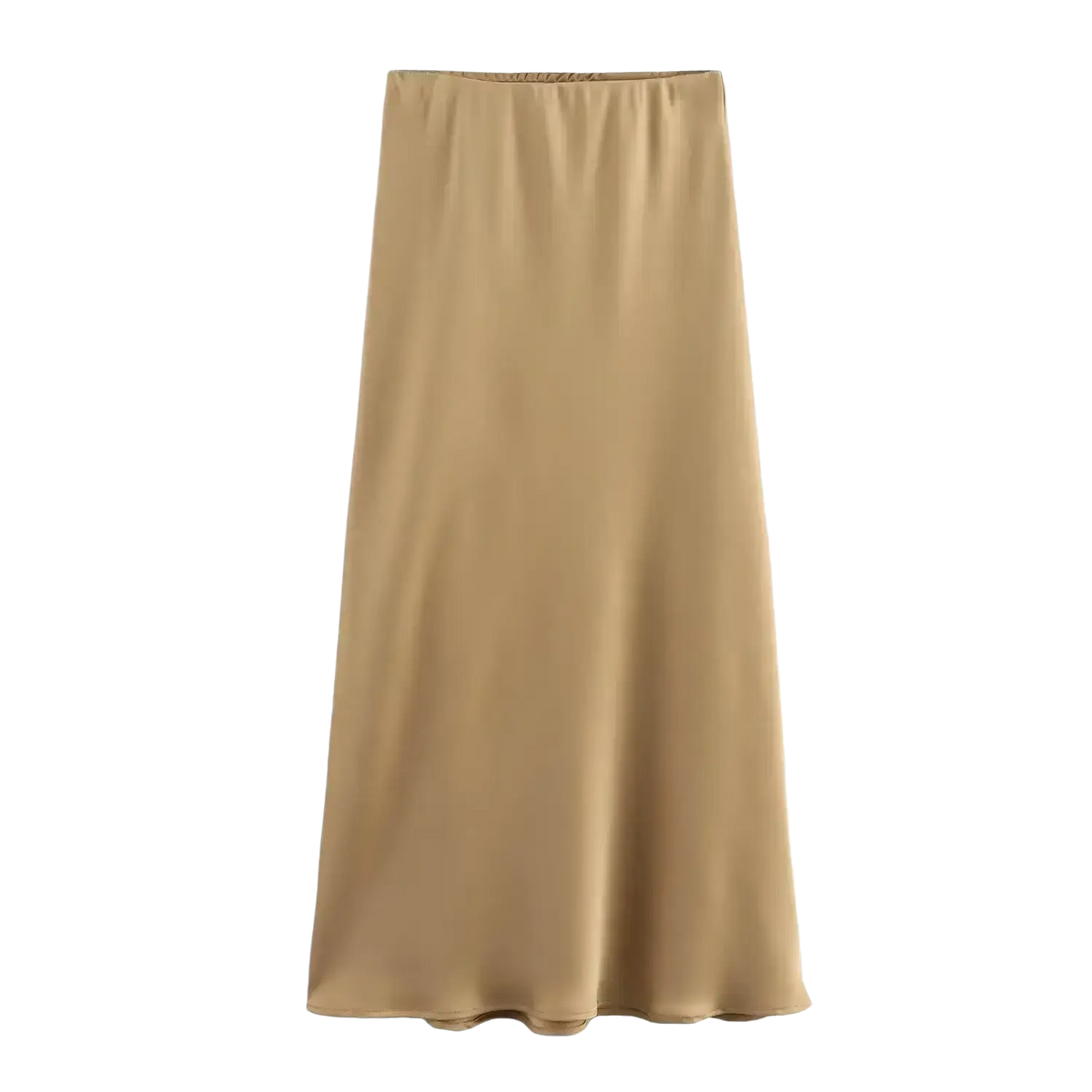 A sleek tan satin midi skirt with smooth flowing fabric and elastic high waist perfect for elegant looks