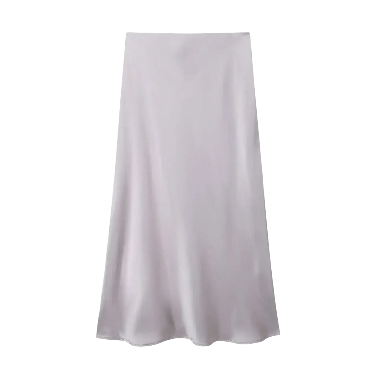 A sleek white satin midi skirt with a smooth flowing drape and high waist elegant long design