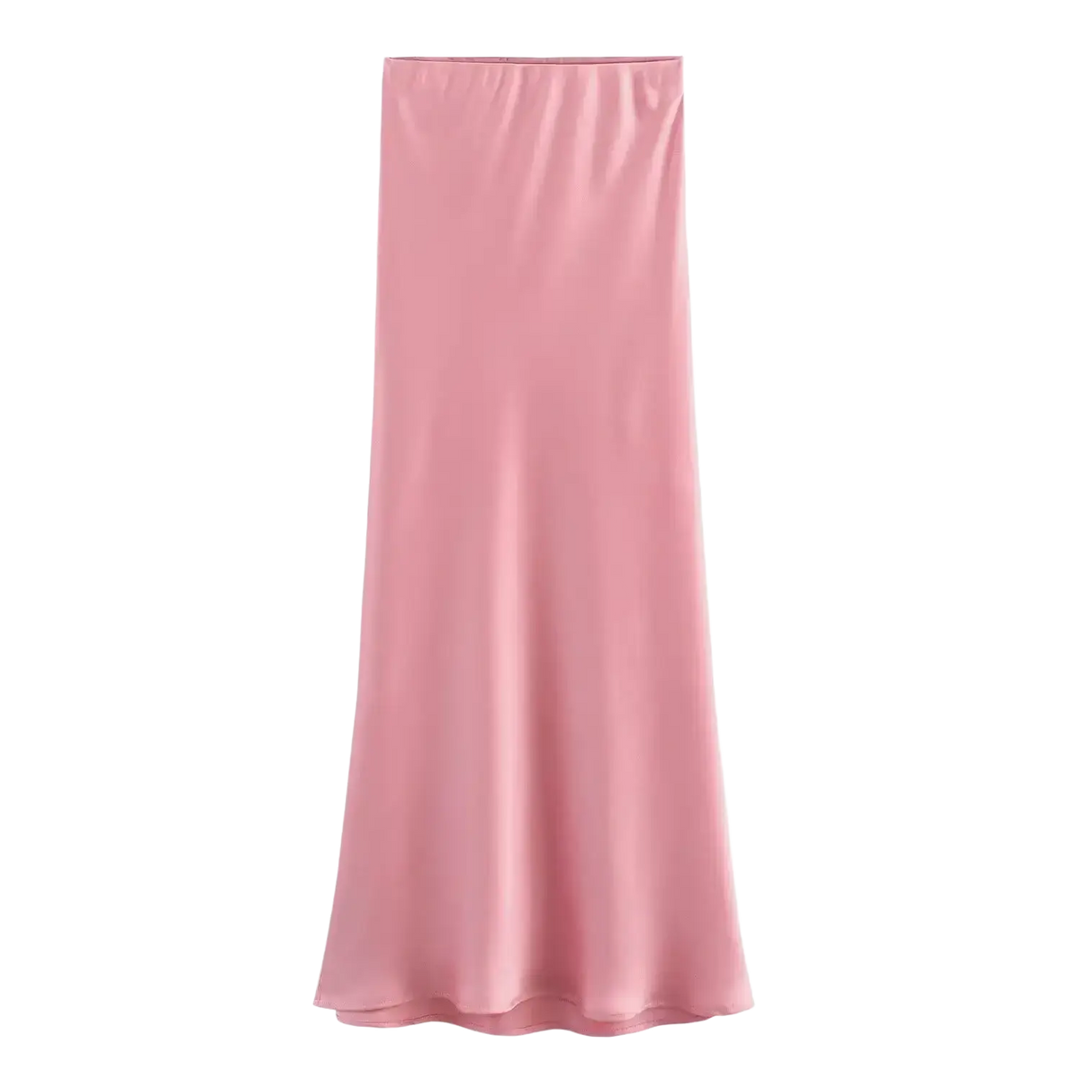 A soft pink satin midi skirt with high waist and smooth flowing drape featuring an elegant subtle sheen