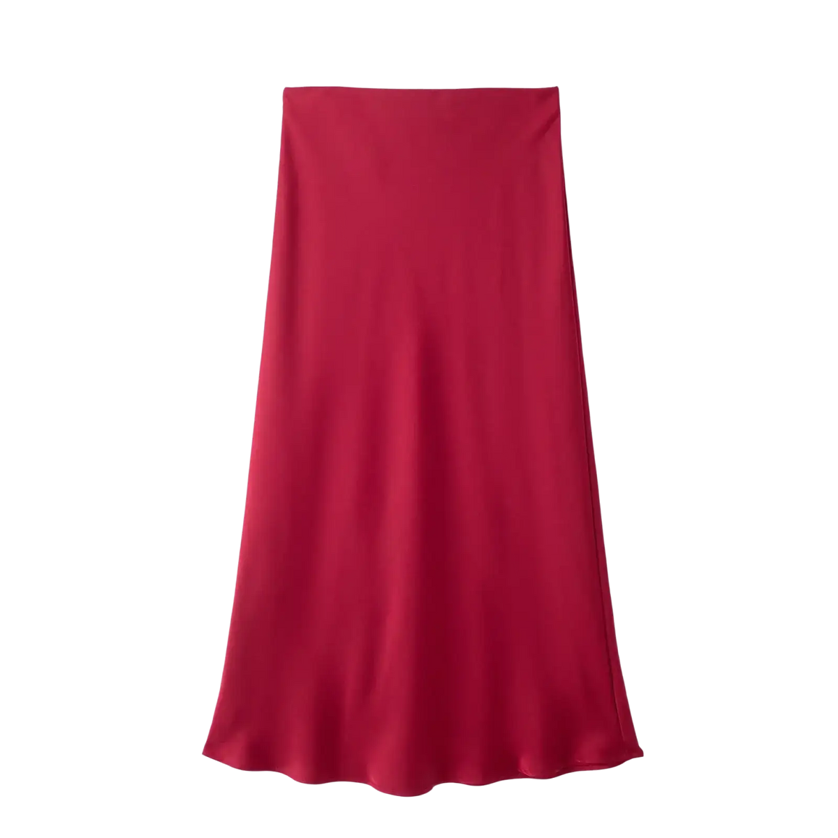 A vibrant red satin midi skirt with a smooth flowing silhouette high waist elegant long skirt design