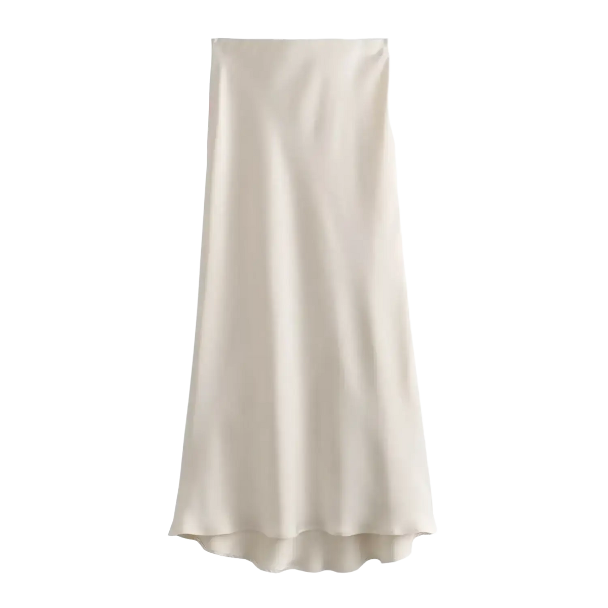 A flowing off-white satin midi skirt with a smooth glossy finish and subtle high-waisted elegant design