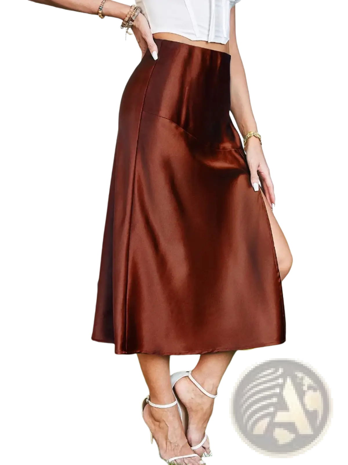 A sleek high-waisted brown satin midi skirt with subtle sheen and side slit perfect for elegant occasions