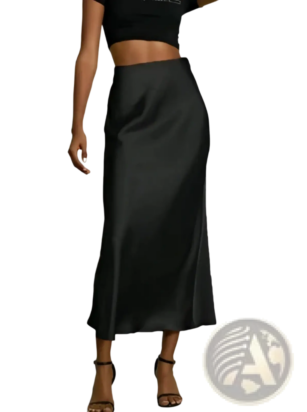 Black satin midi skirt with sleek high-waisted design and subtle side slit from satin midi skirt silk high waisted flowing rose gold collection