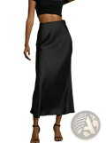 Black satin midi skirt with sleek high-waisted design and subtle side slit from satin midi skirt silk high waisted flowing rose gold collection