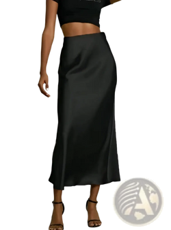 Black satin midi skirt with sleek high-waisted design and subtle side slit from satin midi skirt silk high waisted flowing rose gold collection